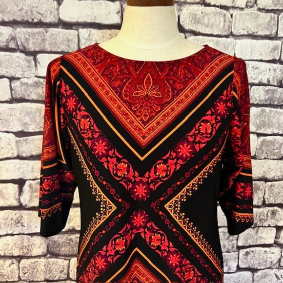 London Times Red, Black & Orange Half Sleeve Dress Size 6P - Picture 2 of 10